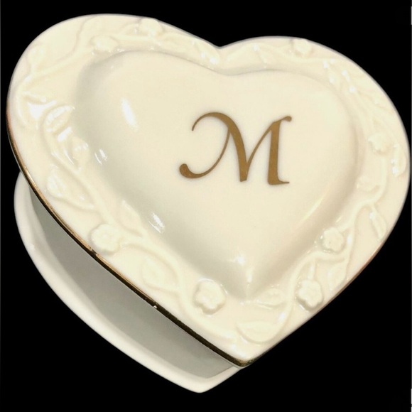 LENOX Monogram “M” Small Ivory Gold Trim 2 Piece Trinket Jewelry Container - Picture 1 of 10